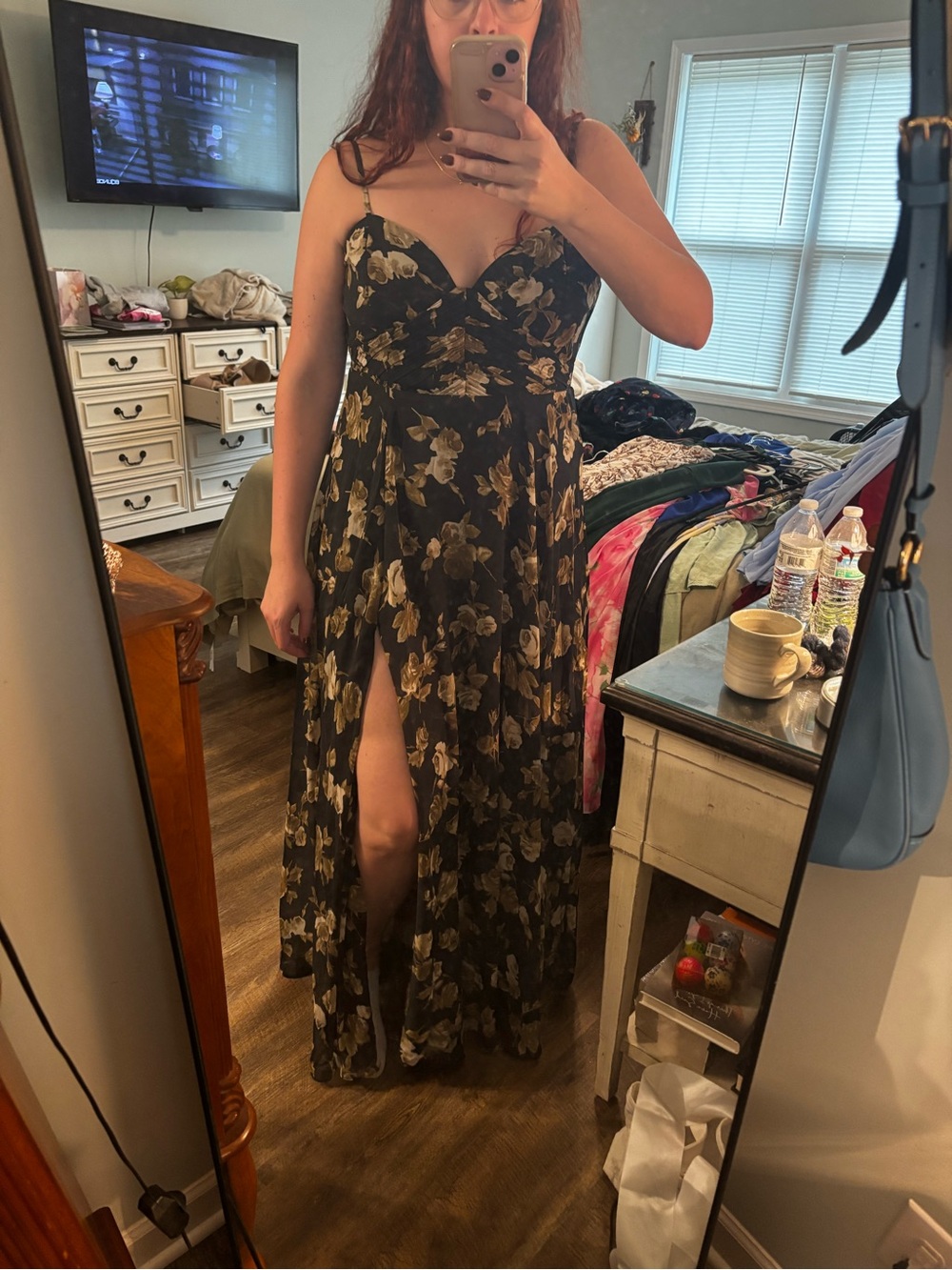 Lulu's Black Maxi Dress with Gold Floral Print